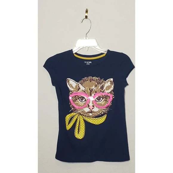 Kids Navy Blue Cat Graphic T-Shirt Size L/G 10-12 Pink Glasses Yellow Scarf - Picture 2 of 8